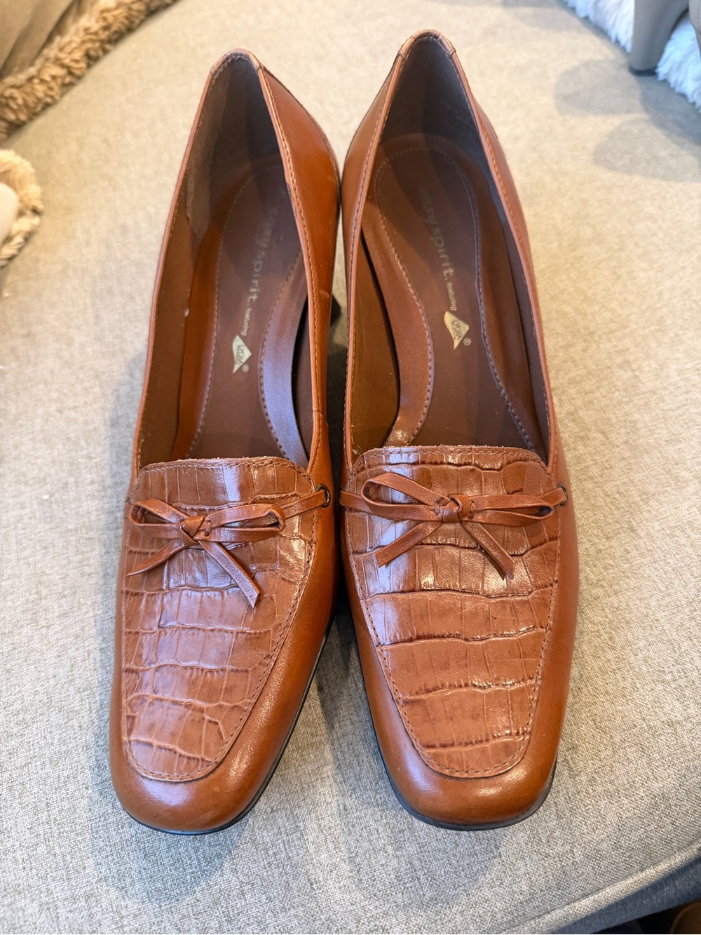Easy Spirit Cognac Croc-Embossed Loafers with Bow Accent